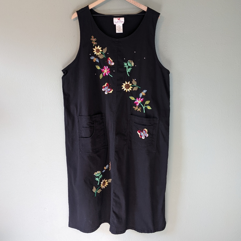 Vintage Black Floral Embroidered Jumper Dress Size 2X
